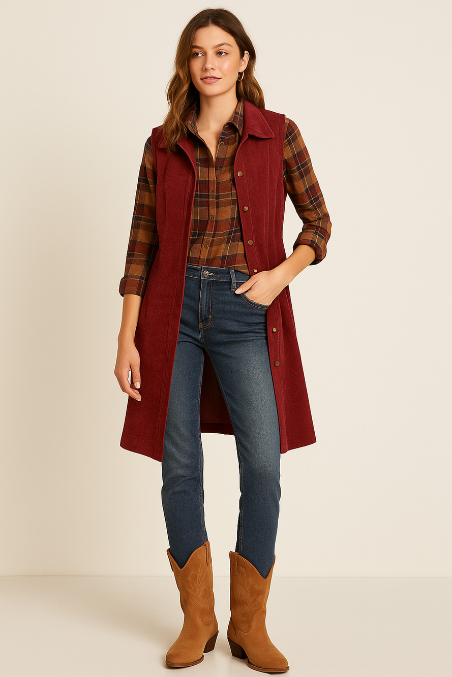 Hem & Thread Corduroy Button Front Vest Dress Wine Red Fall Cottagecore S